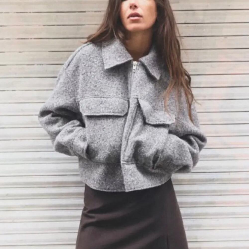 ZARA BOUCLE CROPPED JACKET GRAY